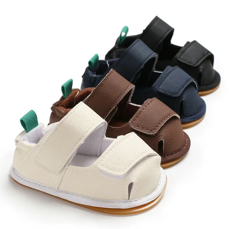 Летние сандалии для маленьких мальчиков и девочек; повседневная мягкая обувь; Однотонный кожаный крючок; 0-18 месяцев