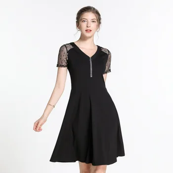 

Summer Elegant Dress Fashion Ladies plus size lace patchwork hollow out beautiful party dress V neck cultivated casual vestido5X