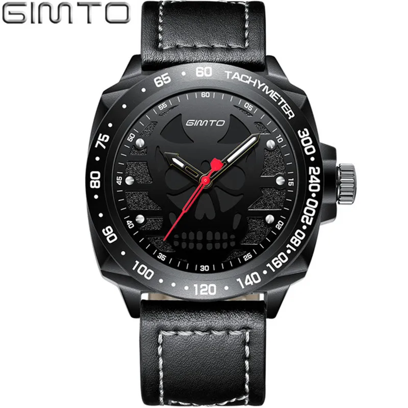 

GIMTO Fashion Skull Men Watch Vintage Creative Quartz Clock Casual Military Men Leather Waterproof Wristwatch Relogio Masculino