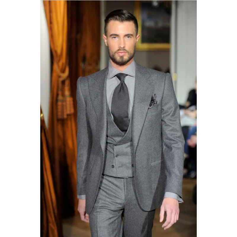 Derni-res-Manteau-Pantalon-Designs-Gris-Tweed-Hommes-Costume-Double-Boutonnage-Slim-Fit-3-Pi-ce