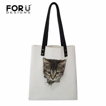 

FORUDESIGNS Girl Shopping Bag Tote Cat Printed Eco Bag PU Leather Women Reusable Handbags Portable Daily Bag with Small Wallets