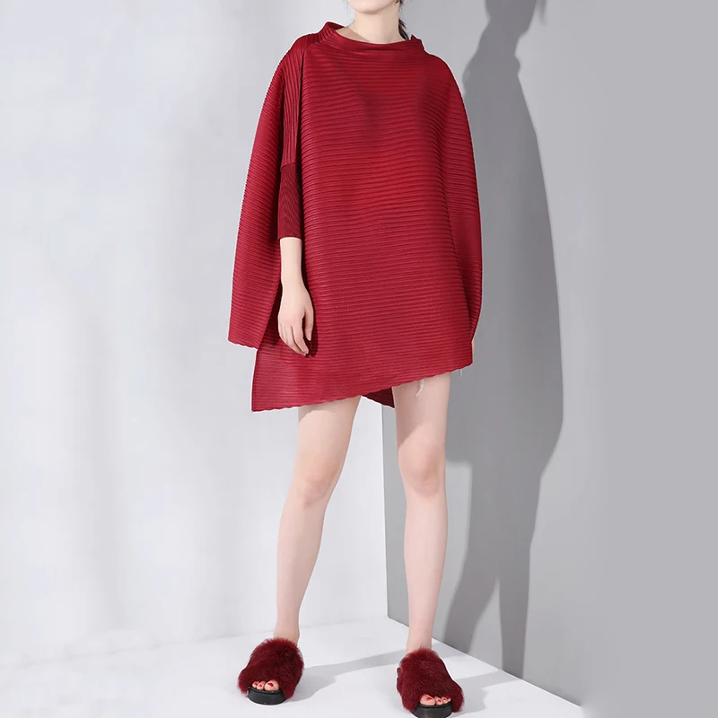 

LANMREM 2019 New Spring Summer High Collar Three-quarter Batwing Sleeve Pleated Big Size Shirt Women Blouse Fashion Tide YH31