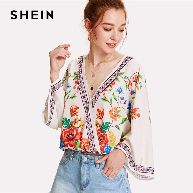 SHEIN Цветочный Топ 2019 Летние Цветочные Блузы С V образным Вырезом Длинным