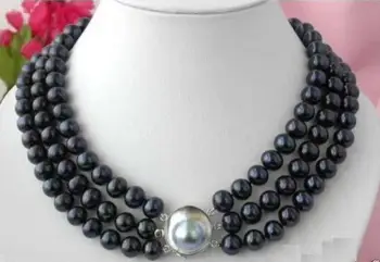

new 3 ROW 8-9 MM BLACK TAHITIAN PEARL NECKLACE 18-20 INCH SHELL CLASP