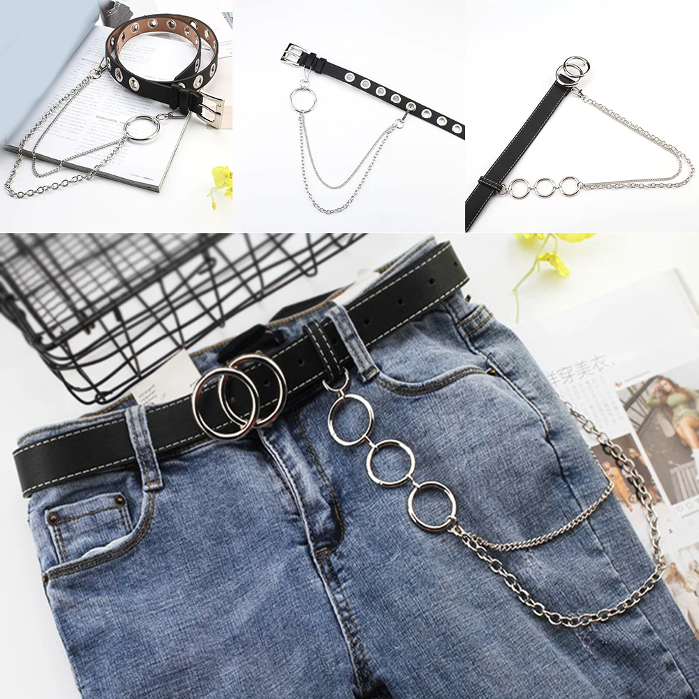 

Gothic Black Chain Belt Hollow Punk Adjustable Double Circle Leather Buckle Belt Black Pants Waist Belts With Chain Hip Hop Hot
