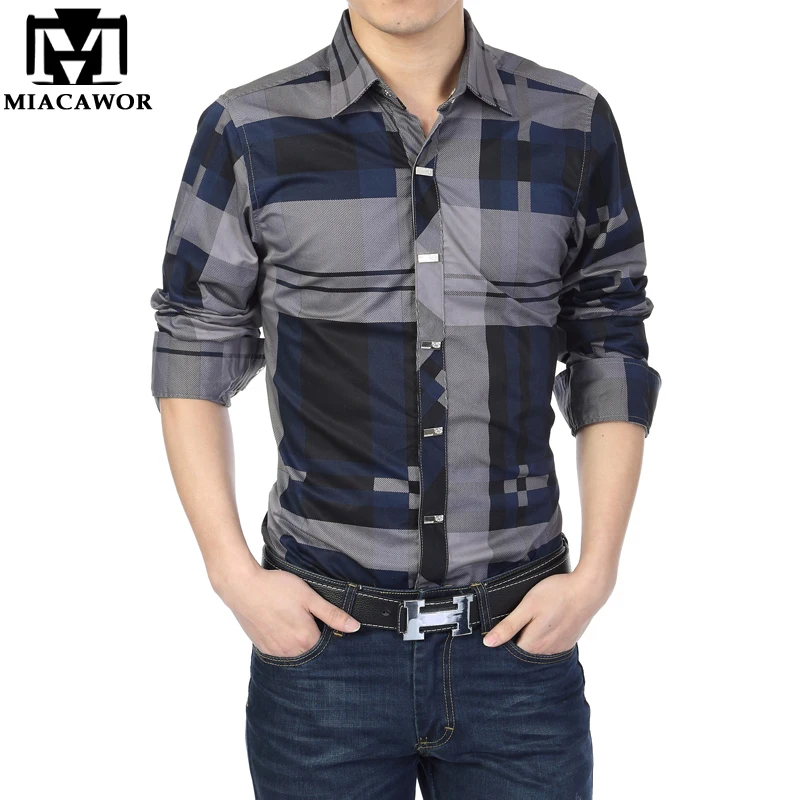 Брендовая мужская рубашка MIACAWOR, хлопок, повседневные рубашки, приталенная Мужская рубашка в клетку с длинным рукавом, Camisa Hombre Camisa Masculina C006