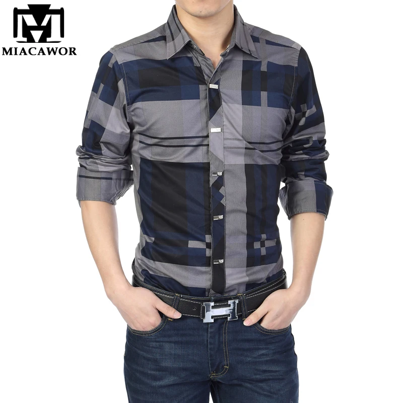 Beste MIACAWOR Merk Mannen 100% Katoen Casual Shirts Slim Fit Mannen Plaid Shirt Lange mouwen Camisa Hombre Camisa Masculina C006