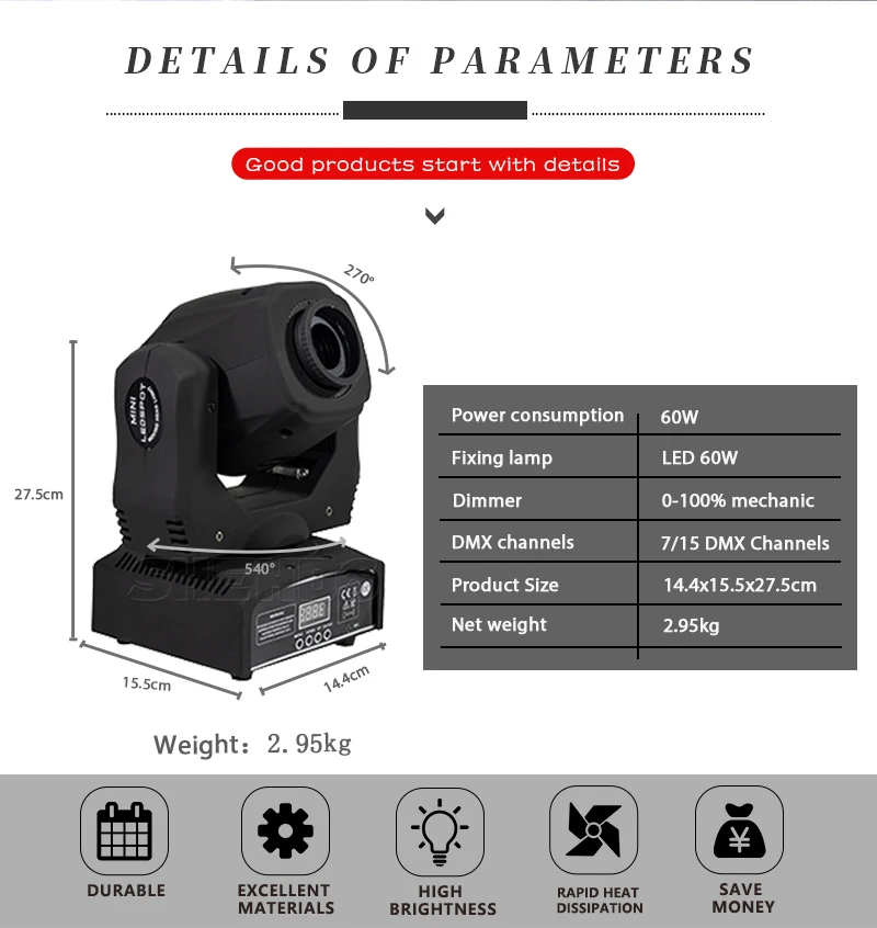 Emissor de Luz 2 Pcs 60 w 7 Diodo Spot Gobos Moving Head Light Dmx 9 e 11 Canais Luz e mestre escravo e auto Run e som Controlador Transporte Rápido 5 machine control training