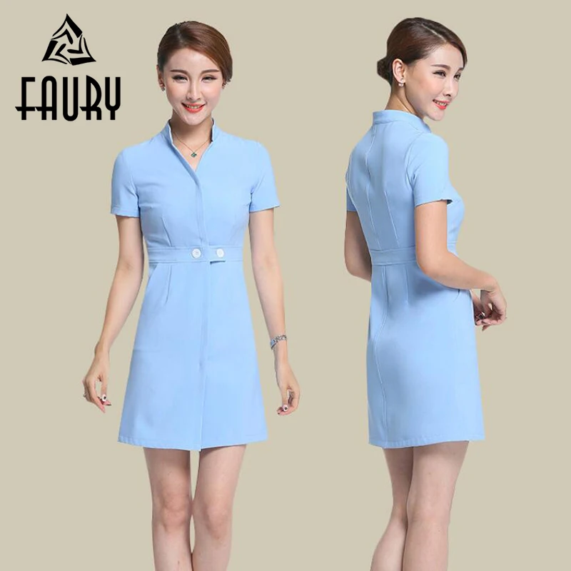 

Women Summer Hospital Doctor Nurse V Neck Uniforms Short Sleeve Medical Clothing Beauty Salon Blue Purple Work Wear Dress