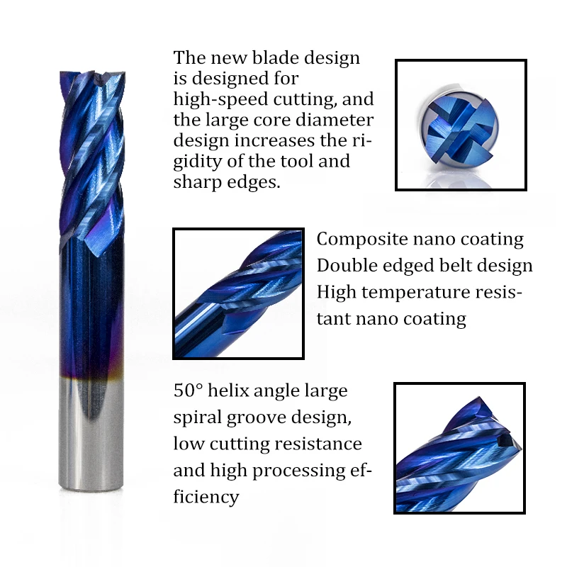 1pc 1-12mm HRC 50 Carbide End Mill 4 Flutes CNC Router Bit Nano Blue Coated Spiral Engraving Bit End Milling Cutter