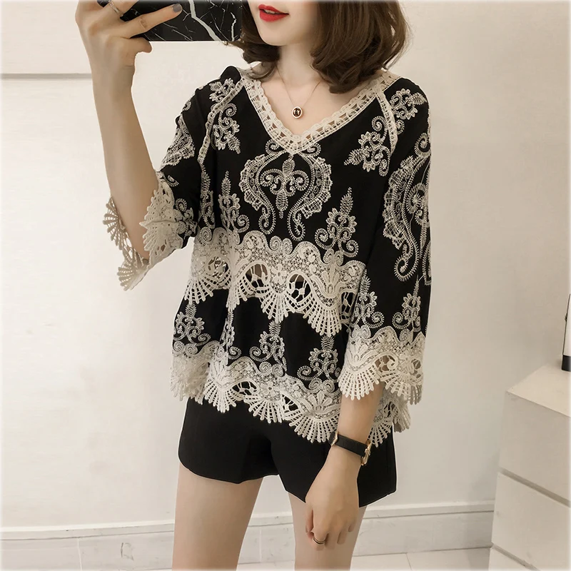 Blusa Feminina летняя женская белая кружевная блузка вязанная крючком тропический Топ