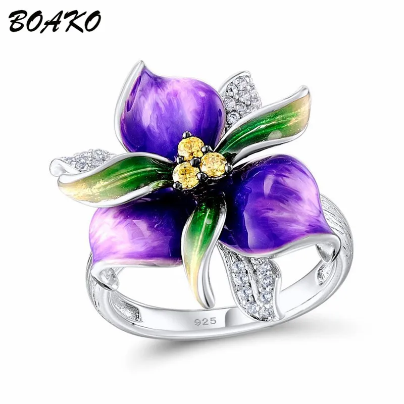 BOAKO, 925 пробы, серебряное кольцо, фиолетовая эмаль, цветок, кольцо для женщин, AAA, циркон, Кристалл, кольцо, нежные, модные, ювелирные изделия на палец, Bague