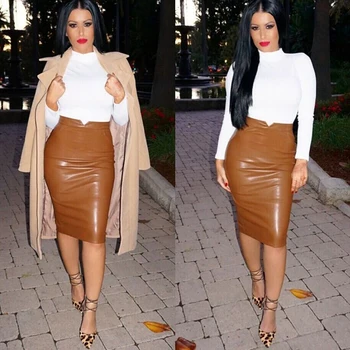 

High Quality Knee-Length Women PU Leather Skirt High Waist Slim Hip Pencil Skirts Vintage Bodycon Midi Skirt Sexy Clubwear