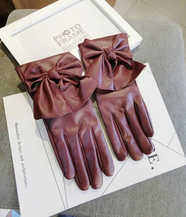 Новые женские теплые модные осенние зимние весенние перчатки из искусственной кожи в Корейском стиле с бантом, черные, розовые, винно-красные перчатки, варежки - Цвет: 2