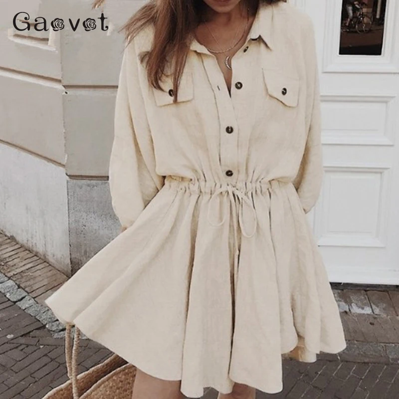 

Gaovot 2019 Women Autumn Dress Button Pocket Turn-down Collar Mini A Line Dress QZ0028