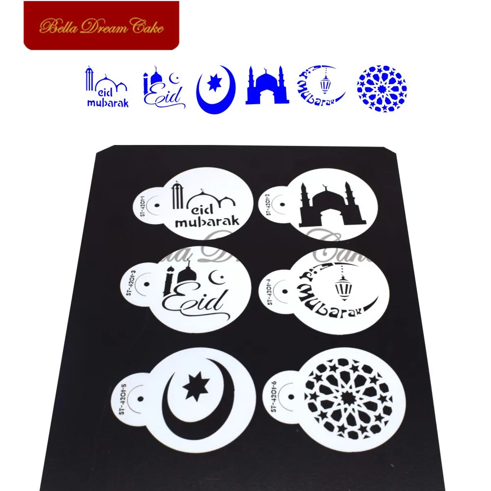 

6pcs/set Eid Mubarak Cookies Stencil Party Cake Mold Coffee Stencil Festival Stencils Template Cake Decorating Tool Bakeware