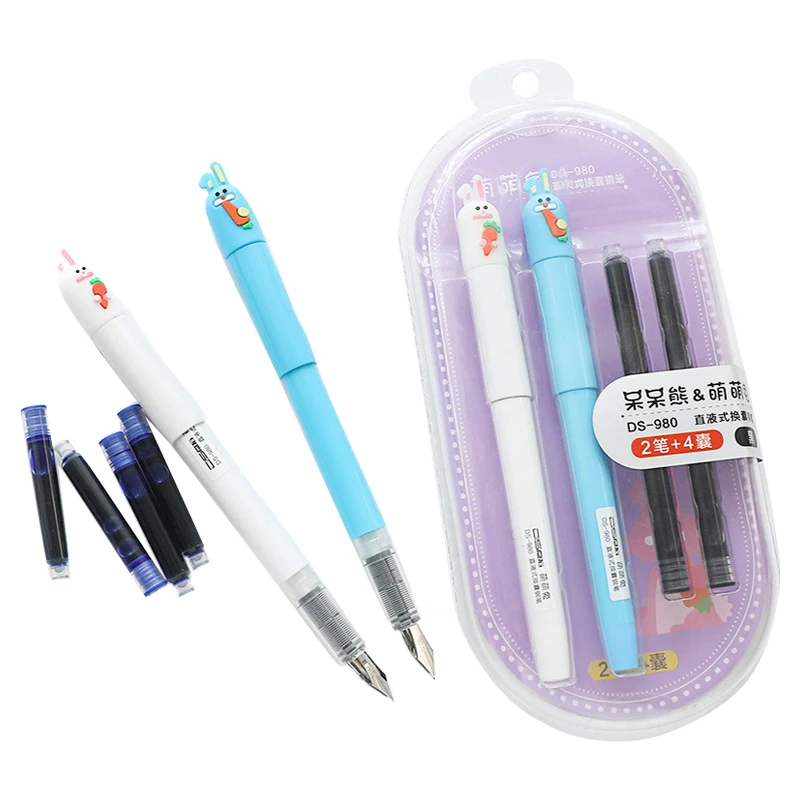 2pcs New Cute Kawaii Erasable Fountain Pen with Ink Sac for Calligraphy