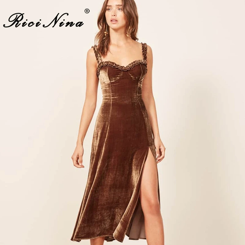 RICININA 2019 Summer Casual Long Dress Women Square Collar Spaghetti Strap Empire Waist Slit Dresses Ladies Elegant Dresses