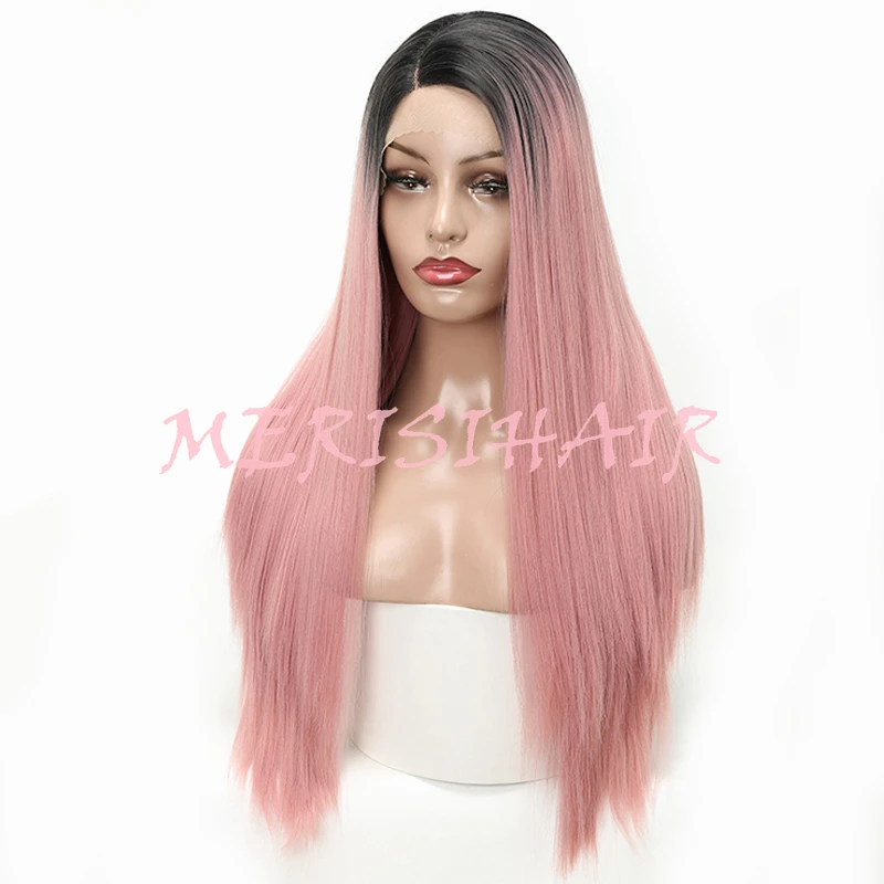 MERISI HAIR Long Straight Hairstyle Pink Color Available Lace Front Wigs For Women Synthetic Hair High Temperature Fiber (5)