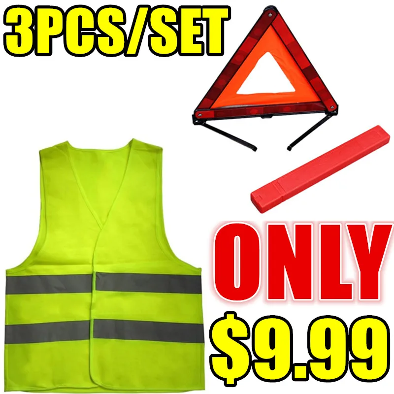 

3pcs/lot Auto Car Safety Emergency Reflective Warning Triangle+High Visibility Vest Workwear Unisex Roadside Stop Sign Tripod