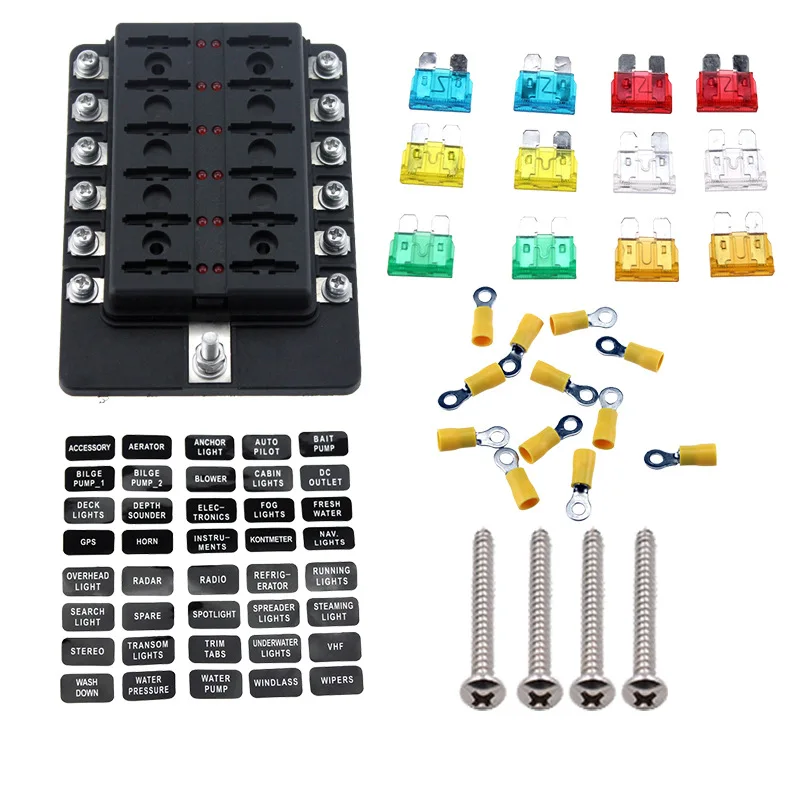 

12 Way Circuit LED Fuse Block Fuse Box with Screw Terminal for Car Boat Marine Trike Power Distribution Box Fuse Box