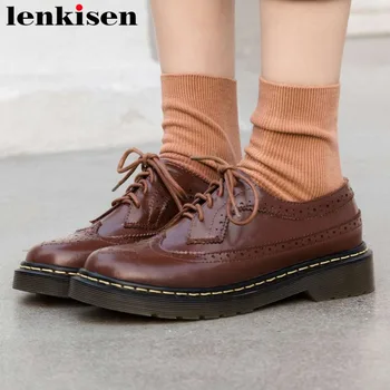 

Lenkisen genuine leather retro British school bullock casual shoes low heels platform lace up breathable holes basic pumps L29