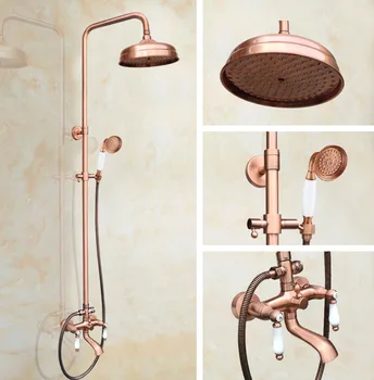 

Antique Red Copper Brass Dual Ceramic Handles Bathroom 8" Round Rain Shower Head Faucet Set Tub Mixer Tap Wall Mounted mrg574