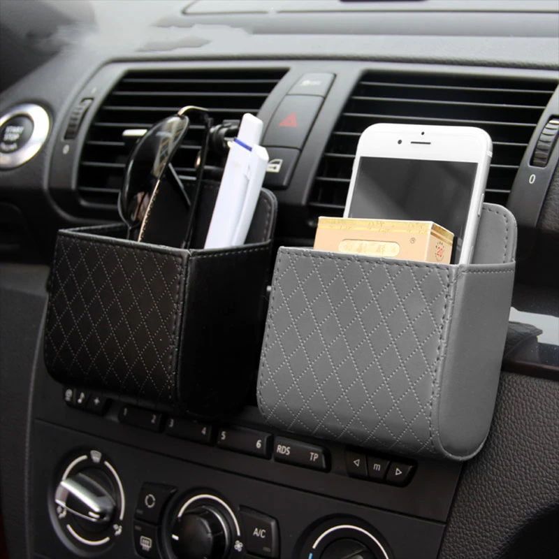 

Universal Car Phone Holder Hanging Air Outlet Organizer Box Bag Pocket Storage Leather Dashboard Goods Auto Travel Accessories