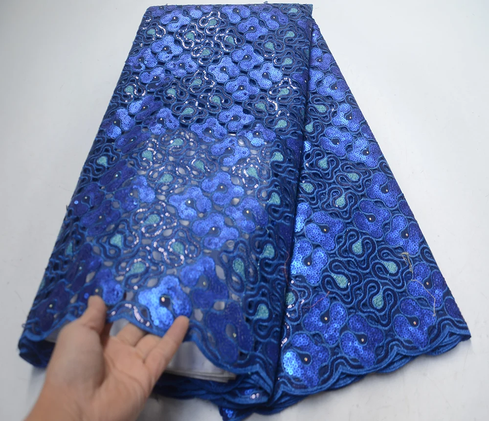 

New Royal blue Handcut lace fabric African organza lace with lots of sequins high quality and exclusive for wedding big occasion