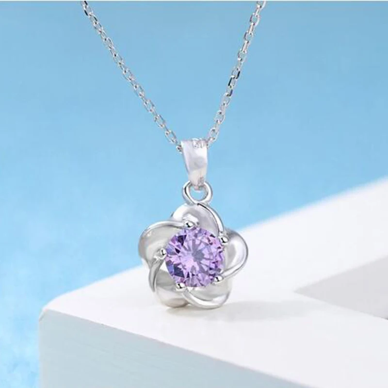 Элегантное цветочное ожерелье женское 925 пробы Серебряное белое/фиолетовое CZ подвеска из камня и хрусталя ожерелье модное ювелирное изделие