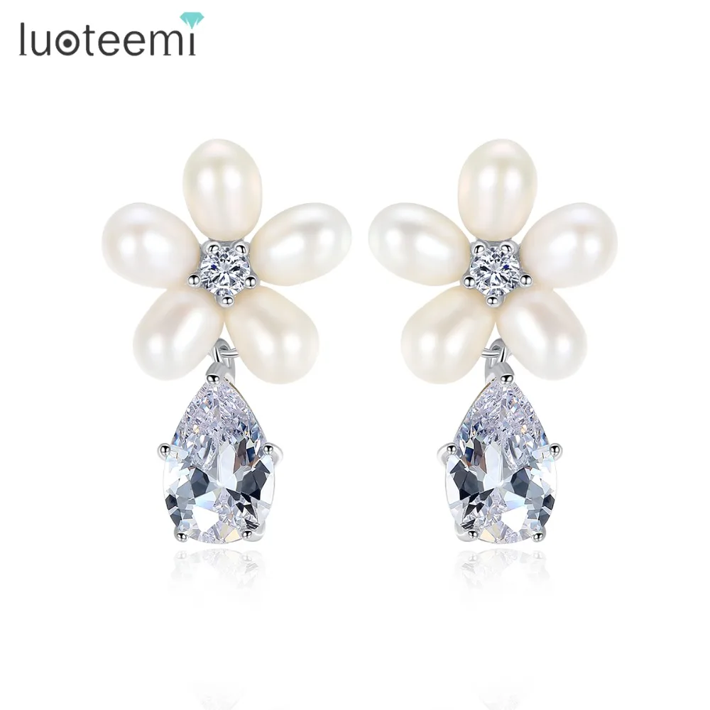 

LUOTEEMI Womens Silver Tone Color Freshwater Cultured Pearls Statement Flower Clear Waterdrop CZ Bridal Earrings For Wedding