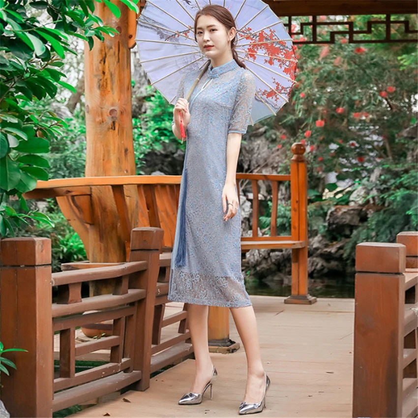 Женское традиционное вьетнамское винтажное платье на шнуровке с вышивкой и изящным стоячим воротником, вечернее платье чонсам