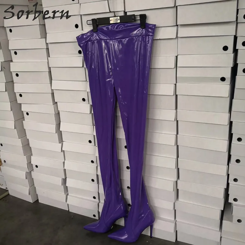 Purple Thin Heel Sorbern/пикантные сапоги на квадратном каблуке; длинные сапоги с острым носком без шнуровки; растягивающиеся сапоги; 8 цветов; сапоги до бедра; сапоги размера плюс на массивном каблуке - Цвет: Purple Thin Heel