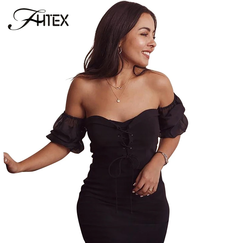 

Strapless Lace Up Back Sexy Dress Women Lantern Sleeve Summer Casual Dress Sheath Bodycon Nightclub Mini Dress