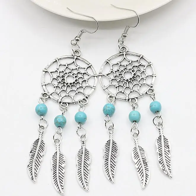 

New bohemian style dream catcher net feather earrings CED92