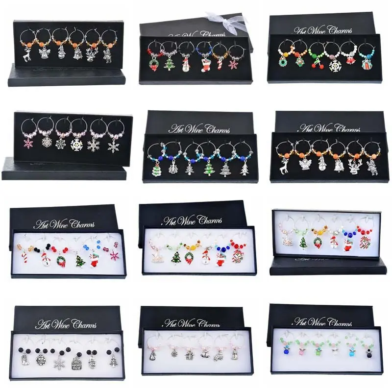 

6PCs/Box Mixed Wine Charms Snowman Reindeer snowflake Crystal Wine Marker Enamel Pendant Christmas Table Decorations
