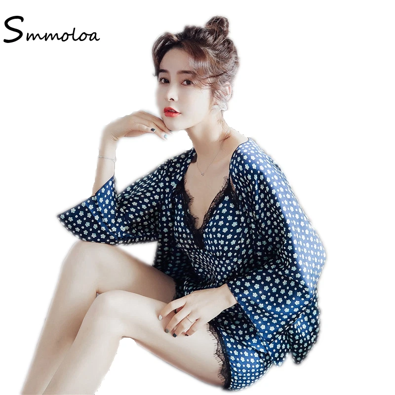 

Smmoloa Women Sexy Silk Satin Pajamas Lace 3 pcs Pijamas set Pyjamas New Pijama