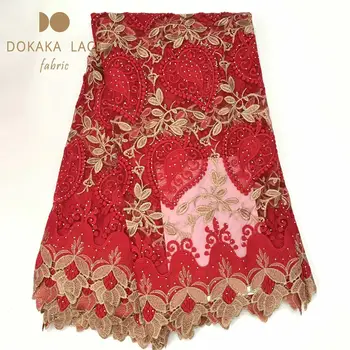 

Red And Gold Line Embroidery Milk Silk Net Lace Fabrics With Stones African Nigerian Women Wedding Rhinestones Mesh Net Material