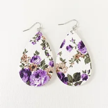 

2018 Spring & Summer Rose Floral Print Leather Teardrop Dangle Drop Earrings for Women Unique Gift