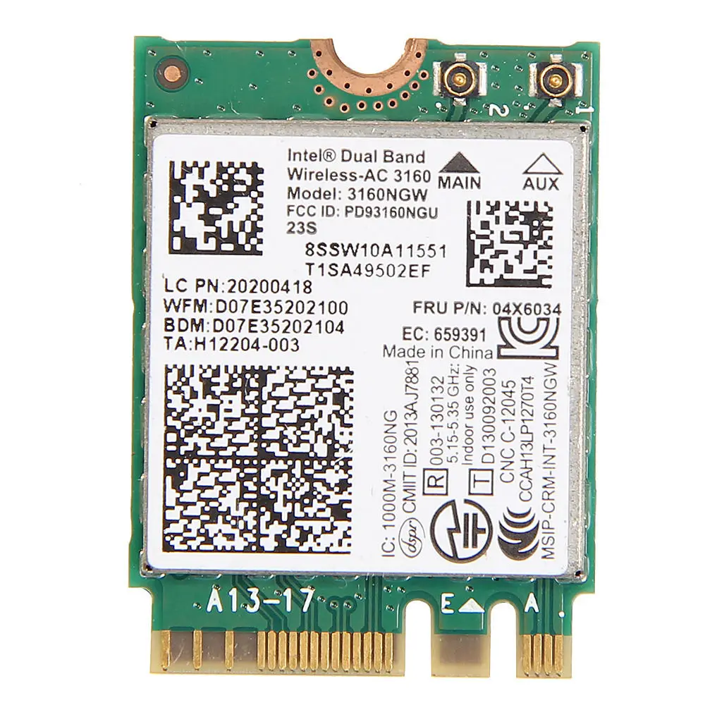 Карта для Intel Dual Band Wireless-AC 3160 3160NGW 04X6034 04X6076 lenovo thinkpad Y40 Y50 E10-30 E455 E555 2 4 ГГц/5 ГГц |