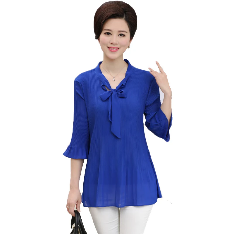 Middle Aged Women Summer Chiffon Blouses Shirts Lady Casual O Neck Bow ...