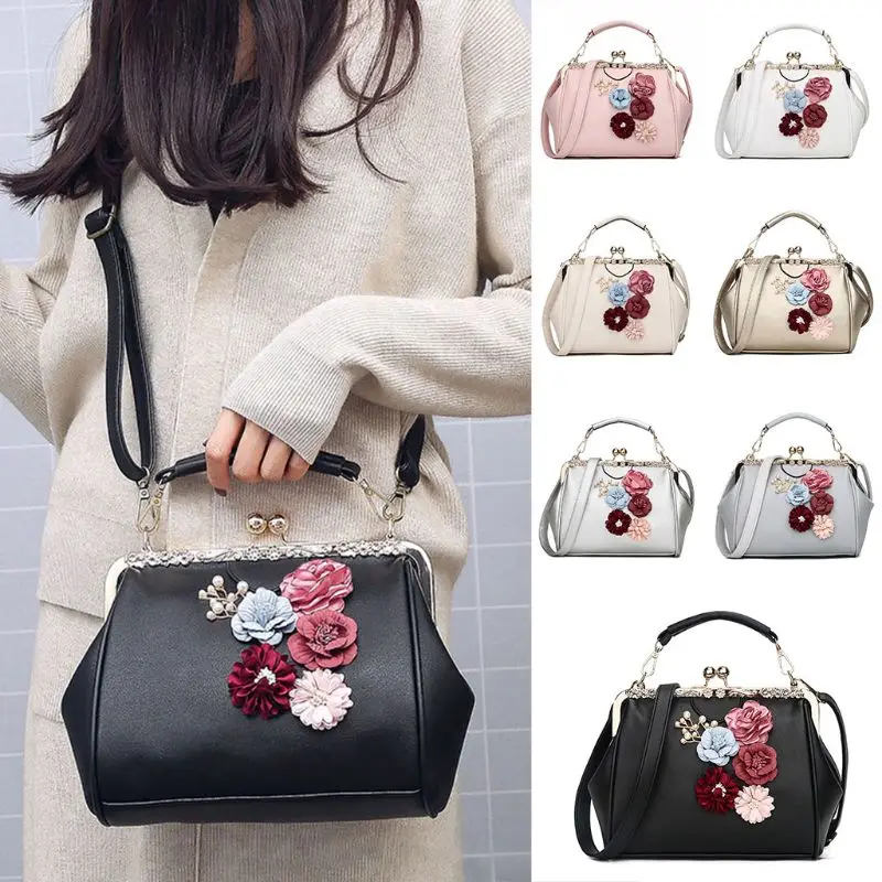 

2019 Women Lady Leather Fashion Flower Shoulder Messenger Bag Kiss Lock Crossbody Tote Handbag Purse Luxury Handbags Women Bags