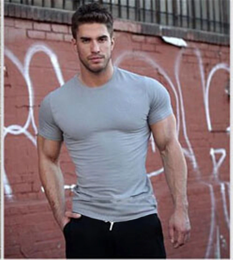 Высококачественная Спортивная Мужская хлопковая футболка для бега, однотонная Спортивная футболка для фитнеса, пустая облегающая футболка для спортзала