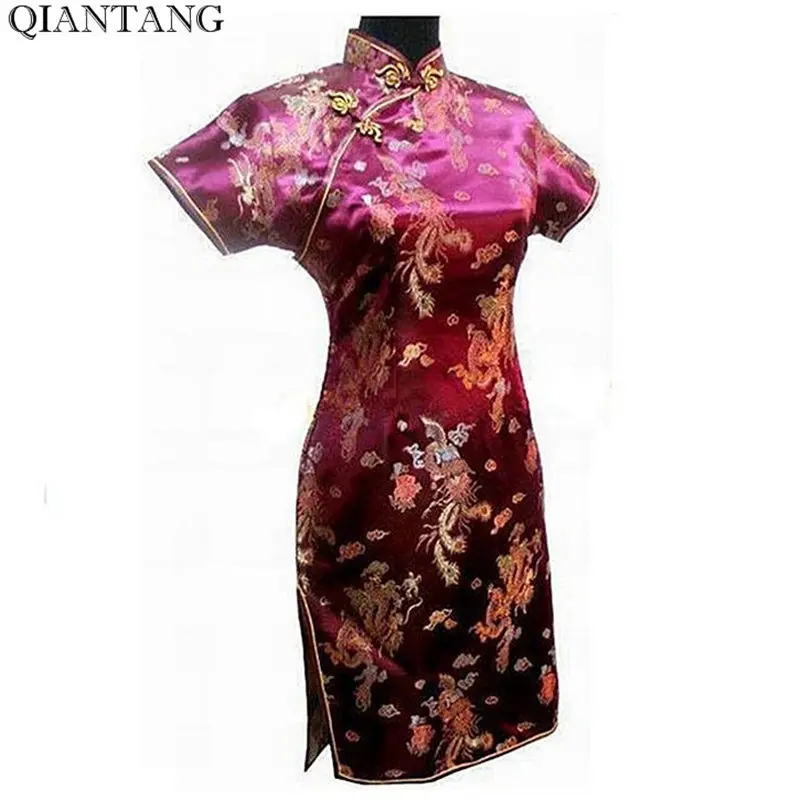 Бордовый Для женщин Мини Cheongsam Традиционный китайский Стиль Атлас Qipao короткий рукав платье Высокое качество Vestido S-6XL J4063