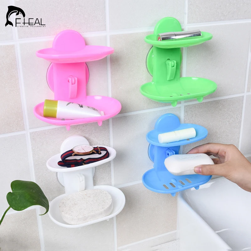 FHEAL جديد أدوات مطبخ ملحقات الحمام حامل الصابون اثنين طبقة شفط حامل الصابون طبق سلة التخزين الصابون مربع حامل