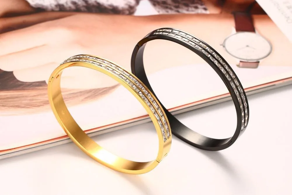 

Top Quality Fashion Jewelry Charm Gold-Color Double Shiny Rhinestones Bracelets For Women Simple Ladies Bangles