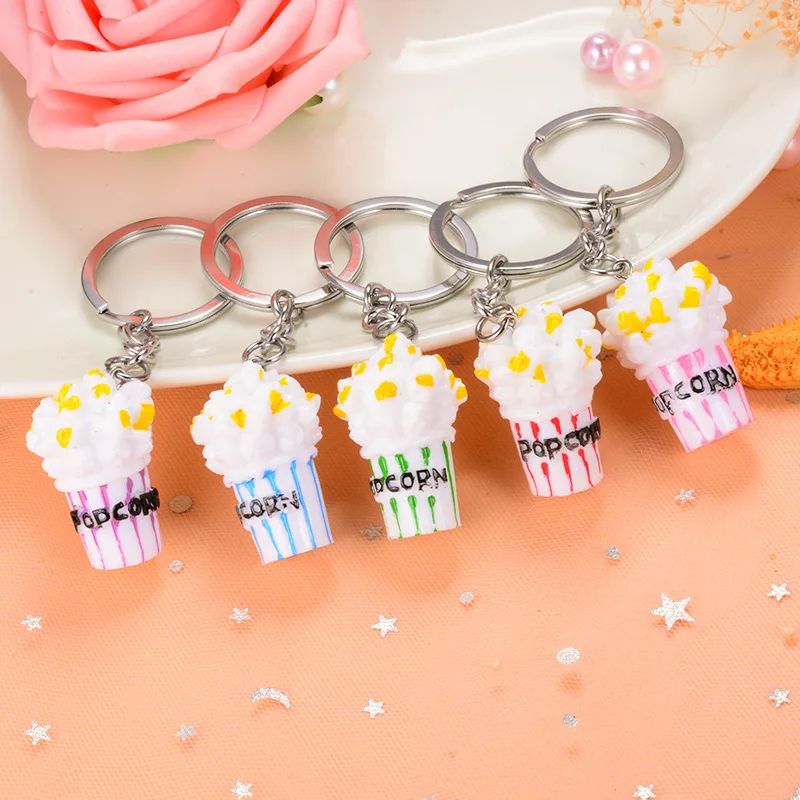 

2019 New Personality Creative Gift Simulation Food Popcorn Keychain Keyring Pendant Small Gift Accessories Wholesale 60pcs/lot