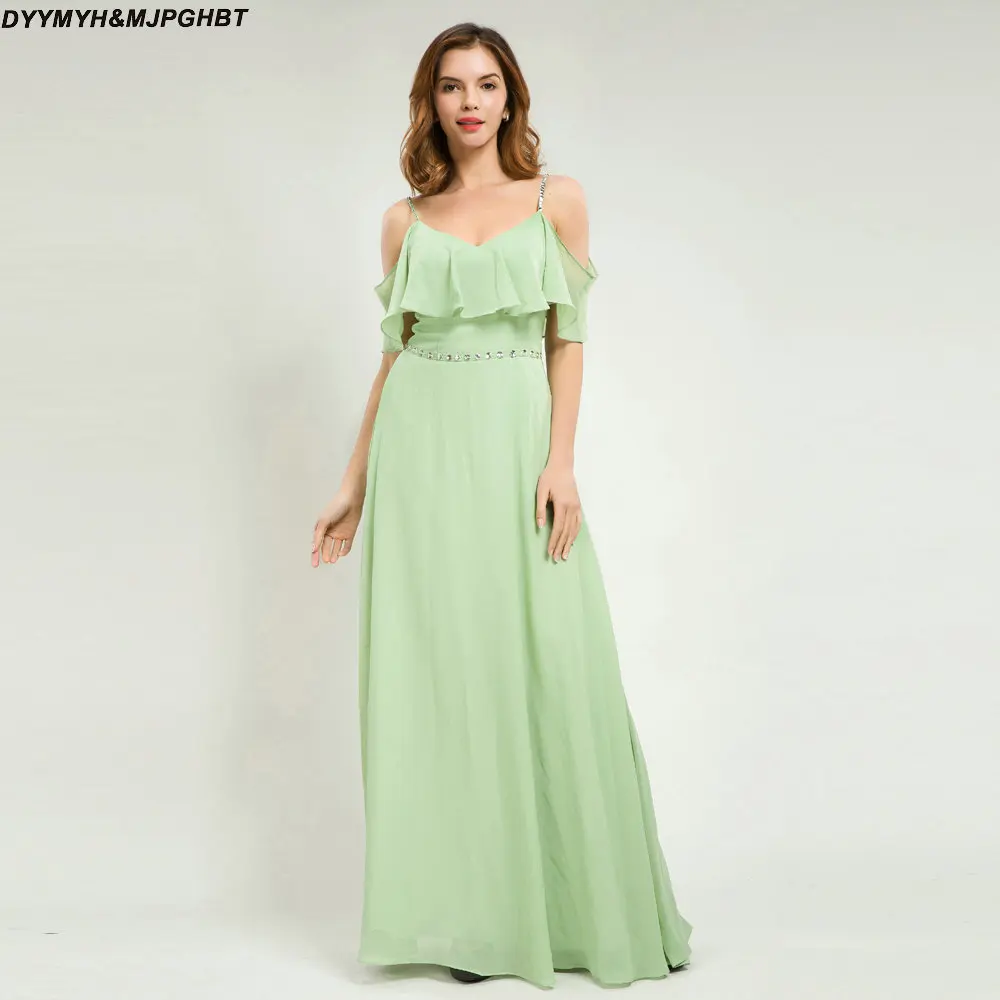 Sage Green Evening Dresses Beads Spaghetti Strap Ruffle Neck Long