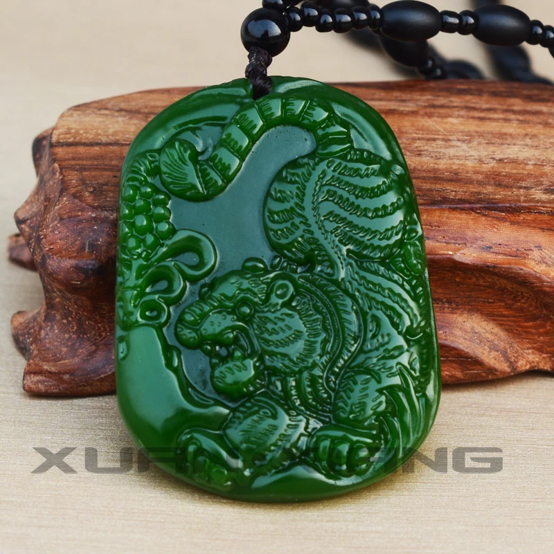 

Drop Shipping Green HETIAN Jades Pendant Necklace Carved Double-sided Hollow-out Dragon Fortune Amulet Women Men Jewelry