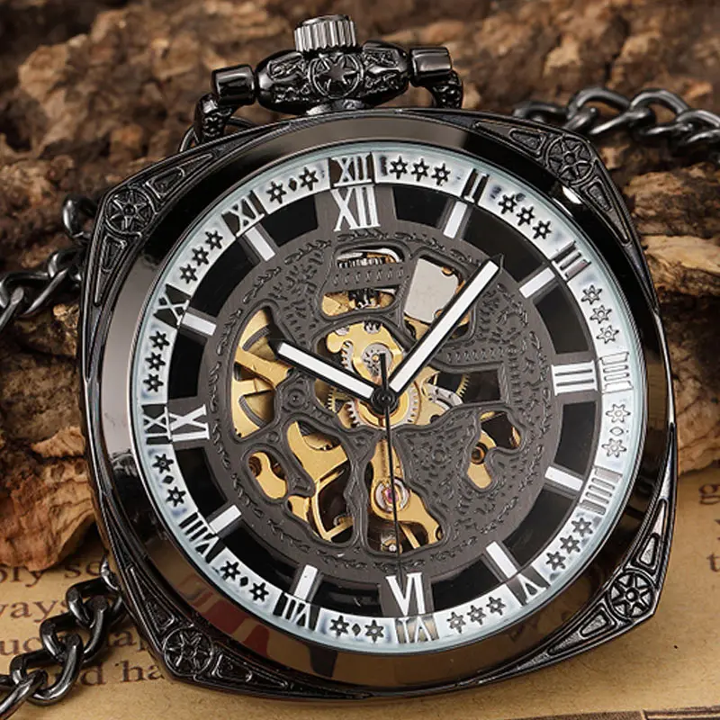 Стимпанк Резные черные механические карманные часы для мужчин Винтаж Скелет квадратный римское ожерелье с цифрами ручные часы для мужчин и женщин кулон